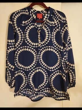 Tracy Negoshian Kira Navy Geometric Blouse Gold Buttons XS